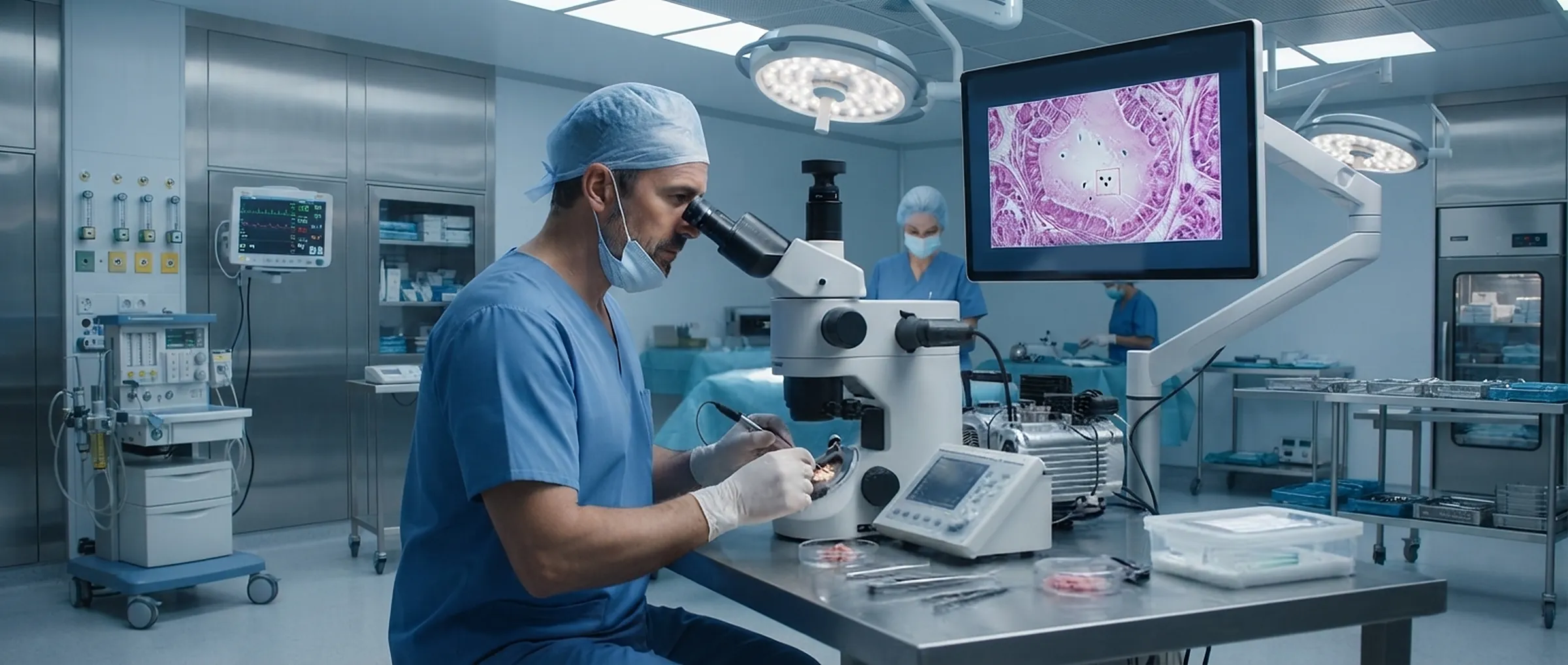 Urólogo buscando espermatozoides al microscopio en un quirófano
