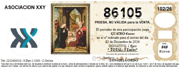 Modelo de participación de Lotería de Navidad 2026 de la Asociación XXY, número 86105, 5 euros (4 € juego + 1 € donativo)